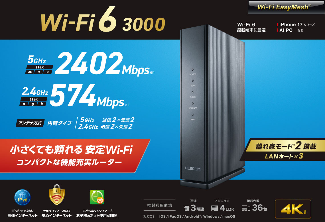 エレコムWiFiルーターWRC-X3000GS4-B画像